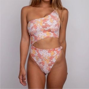 Skatie Floral One-Shoulder One Piece - Pink, Orange, White